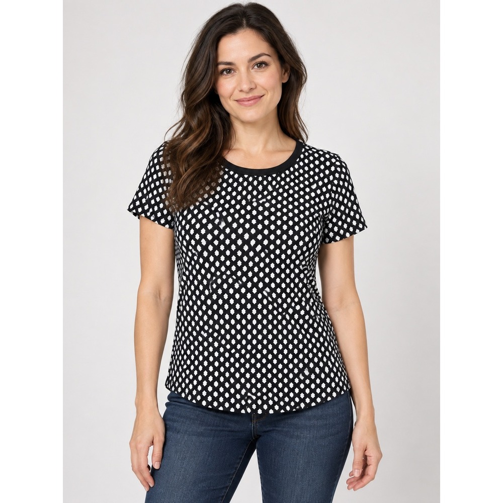 Talbots Womens Small Black White Geometric Diamond Short Sleeve Crew Tee